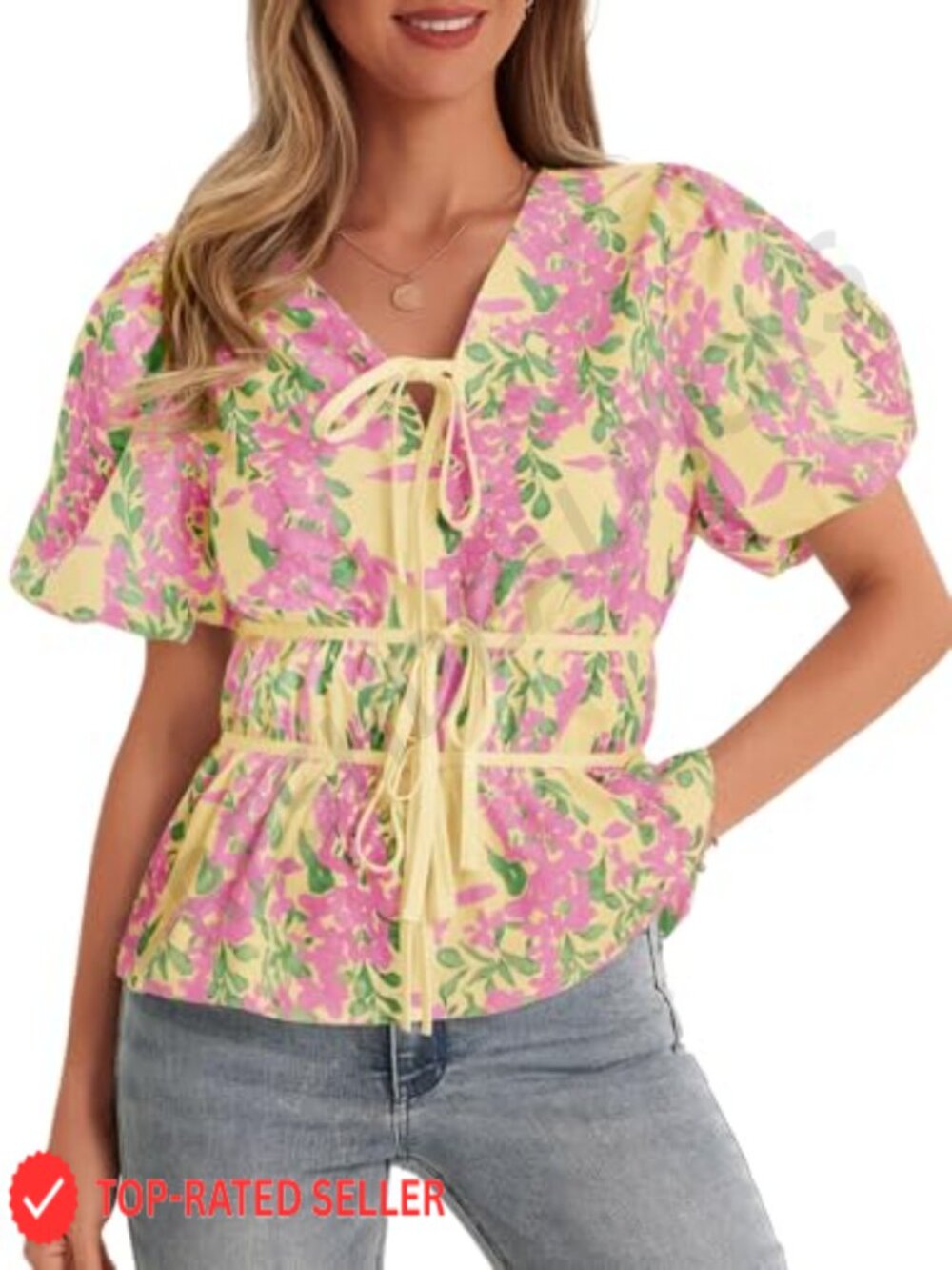 Women's Babydoll Peplum Blouse V Neck Puff Sleeve Bow Floral Top